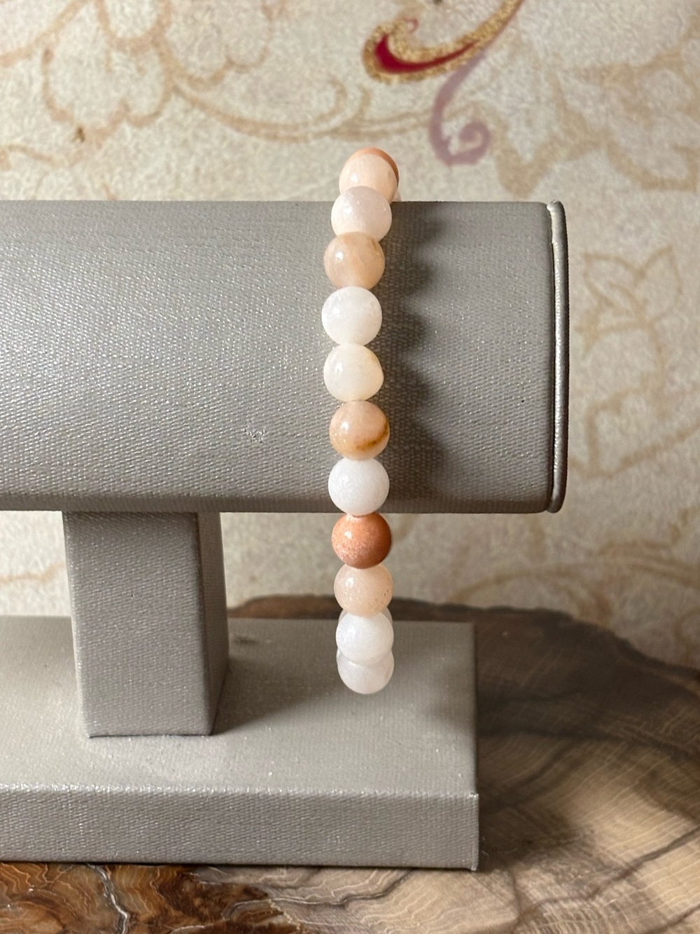 Hand Crafted Peach & White Adventurine Gemstone Beaded Stretch Bracelet
